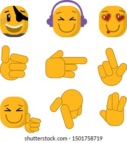 Set of emoticons and icons depicting hands, hand gestures. Vector illustration