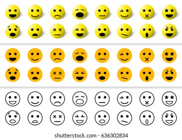 Set of emoticons icons, smile collection. Emoji flat style, outline and 3d. Isolated vector.
