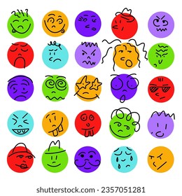 Set von Emoticons einzeln auf weißem Hintergrund. Reihe von kreisfarbigen Gesichtern von Menschen. Vektorgrafik