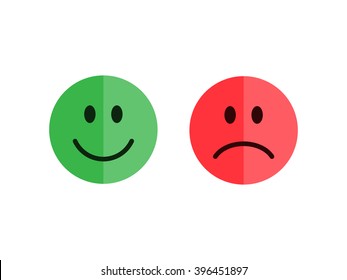 Set of emoticons isolated on a white background. Flat style emoticons. Emoji set. Happy and unhappy smileys. Green and red color. Flat style vector illustration