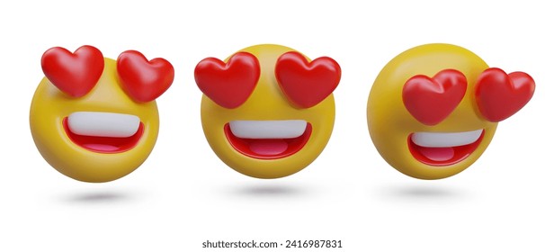 Set of emoticons in love with hearts instead of eyes. Adoration, admiration, fanaticism. Creative models in cartoon style. Motion effect, tilted templates