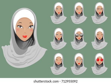 Set of emoticons. Muslim girls. For used for web, wallpaper, printing on the packaging paper, textiles.