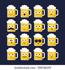 Set Of Emoticons On Beer Mugs.