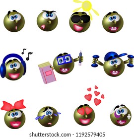 Set of emoticons on white background cheerful, sporty, girl, crying, angry, surprised,lover, sick