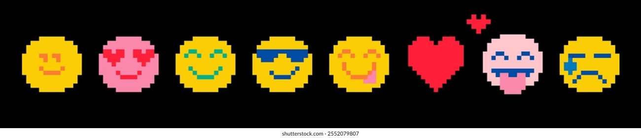 Conjunto de emoticonos pixel art. icono de emoji lindo. Patrón de línea de varias caras. Juego de Elementos abstractos. Píxeles Y2k divertidos emoticonos pegatinas. Amor, beso, corazón, cara triste. Ilustración vectorial de estilo retro de 8 bits