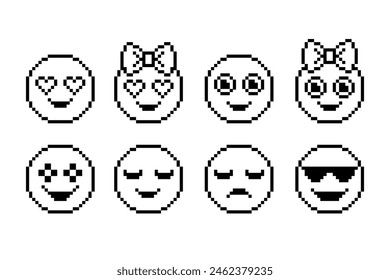 Conjunto de emoticonos en estilo de arte de píxel sobre fondo blanco.