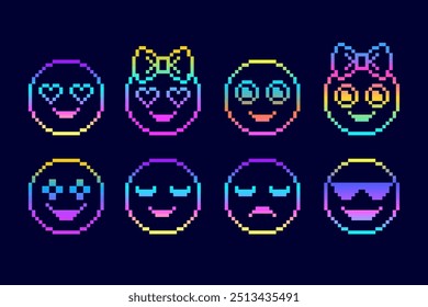 Conjunto de emoticons no estilo de arte em pixels com cores de gradiente.