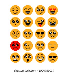 Set Of Emoticons, Pixel Emoji. Characters Isolated. Vector