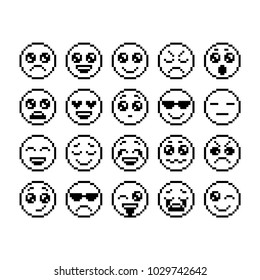 Set Of Emoticons, Pixel Emoji. Characters Isolated. Vector