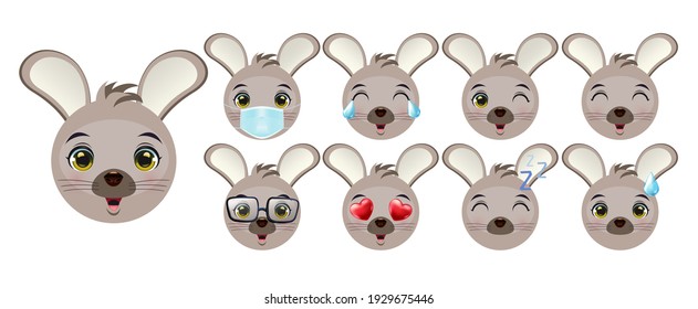 Un conjunto de emoticonos o emoticonos para una cara de conejo. Los animales de conejo enfrentan emojis con amor, llorando, riendo y lindas expresiones faciales de personajes aislados en un fondo blanco.