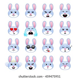 A set of emoticons. Rabbit or hare. Isolated vector illustration on white background. Colored icons