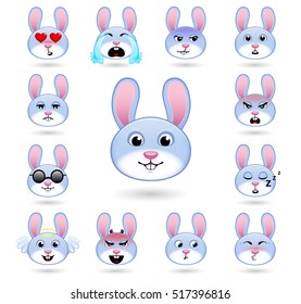 A set of emoticons. Rabbit or hare. Isolated vector illustration on white background. Colored icons