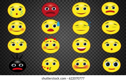 Set of emoticons. Round yellow smileys. Different faces and facial expressions.