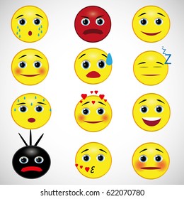 Set of emoticons. Round yellow smileys. Different faces and facial expressions.