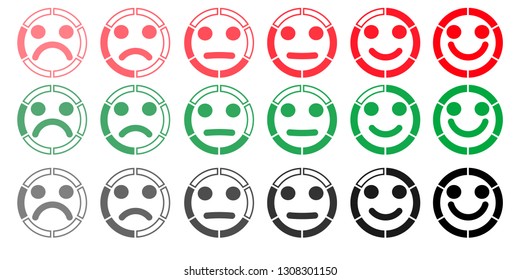 set of emoticons with a scale of different colors