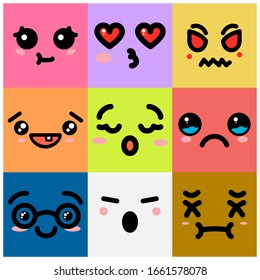 
Set of emoticons in the shape of a square with a different mood. Kawaii emoticons and Japanese anime emoticons face expressions. Vector cartoon comic book style icon set