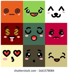 
Set of emoticons in the shape of a square with a different mood. Kawaii emoticons and Japanese anime emoticons face expressions. Vector cartoon comic book style icon set