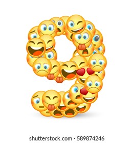 A set of emoticons shaped as nine number. Vector illustration
