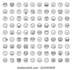 Set of emoticons showing different emotions in doodle style isolated on white background