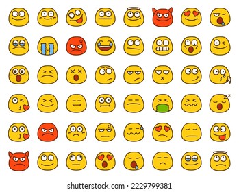 Satz Emoticons, die verschiedene Emotionen im Cartoon-Stil einzeln auf weißem Hintergrund zeigen
