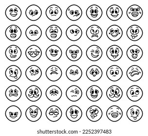 Set of emoticons showing different emotions in doodle style isolated on white background. Funny faces hand drawn clip art.