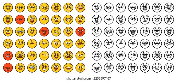 Set of emoticons showing different emotions in cartoon style isolated on white background. Funny faces clip art.