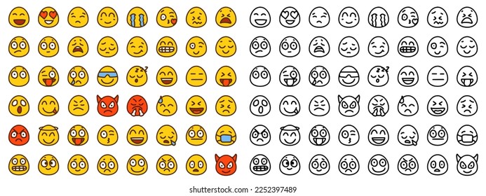 Conjunto de emoticonos que muestran diferentes emociones al estilo de las caricaturas aisladas en el fondo blanco. Divertidas caras de imágenes prediseñadas.