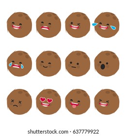 Set of Emoticons. Smile Emoji icons. Cute coconut. Isolated vector illustration