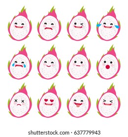 Set of Emoticons. Smile Emoji icons. Cute pitahaya. Isolated vector illustration