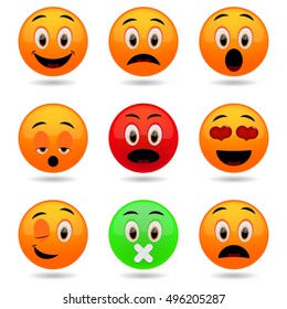 Set of Emoticons. Smile icons. Emotional funny faces in glossy 3D. 