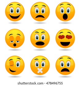 Set of Emoticons. Smile icons. Smiley faces. Emotional funny faces in glossy 3D. Isolated on white background.