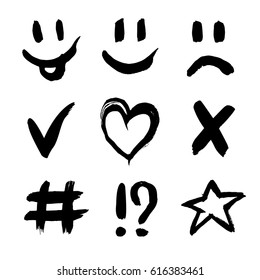 Set of emoticons and textured characters for decoration of your projects. Collection of unique hand drawn symbols.