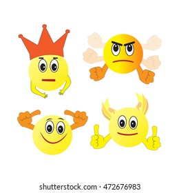 Set of emoticons that express emotions : joy , anger , positive , kindness . Emoticon showing thumb up.Angry smiley . Smiley in the crown .