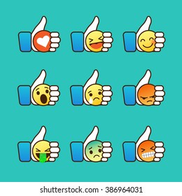 Set of Emoticons, thumb up symbol with Emoji smiley faces, vector illustration.