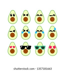 Set of Emoticons wit avocado fruit. Set of Emoji. Smile icons. Isolated vector illustration on white background