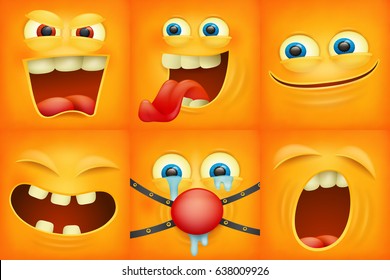 Set of emoticons yellow faces emoji characters square icons vector illustration.