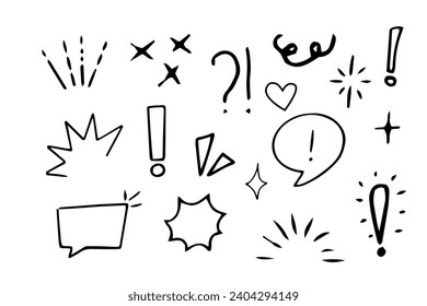 Set emotion attention elements, expressions speech bubble in comic doodle style isolated on white background