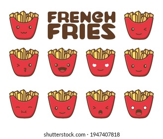 set emotion Cartoon illustration of fast food french fries with different faces