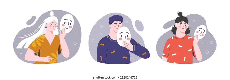 Set of emotion. Characters hide their inner world behind masks. Psychological problems, deceivers, lies. Sorrow and sad people. Cartoon flat vector illustrations isolated on white background