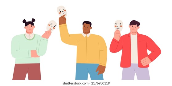 Set of emotion. Characters hide their inner world behind masks. Psychological problems, deceivers, lies. Sorrow and sad people. Vector illustration
