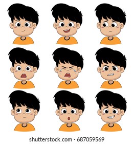 Set of emotion cute boy ,smile, happy, laugh, sad, surprise, cry, tears, upset, angry, thinking,sorry.Vector and illustration.