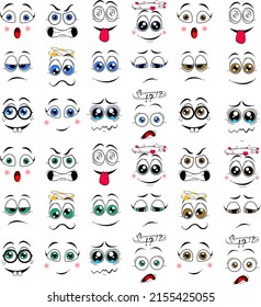 A set of emotion expressions for characters with different eye colors - strong, green, brown. Crying, annoyance, anger, surprise, shock, love, stardom, misunderstanding, sadness