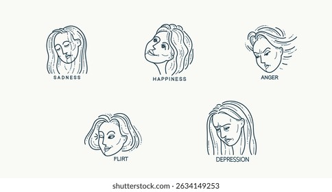 Set of emotion expressions vector drawings, woman face displays feelings, emblem or logo look-like drawing.