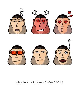Set of emotion face cartoon vector illustrations of big chin man and short hairstyles and mustache on white background. The human expression of feeling chill out,smart,appalled,love,angry, and sleepy 