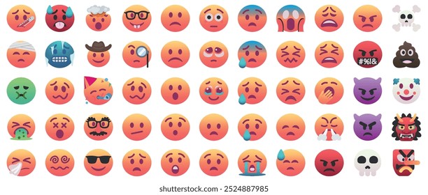 Set of emotion faces, emoji, emoticon in trendy colors. Social media.