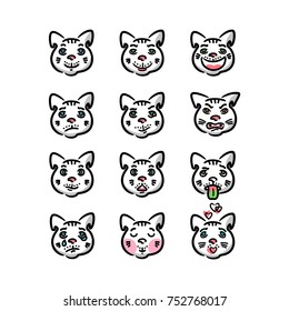 A set of emotion flat icons of a cartoon colored linear cat. Vector, isolated on background.