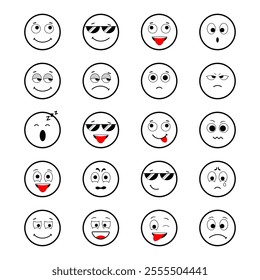 Set of emotion icon with 20 variations of expression. Vector illustration.