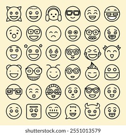 Set of emotion icons with round-line style, featuring various emoji symbols. Includes smiles, frowns, and more. Perfect for chat apps, social media, and design projects.