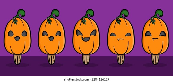 Set of Emotion Popsicles Pumpkins. Emoticon of Popsicles Pumpkins. Cartoon Illustration. Cute Spooky Design.
