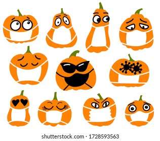 set of emotion pumpkin in medical protective masks. Halloween covid-19 concept. Halloween 2020 during the coronavirus pandemic.